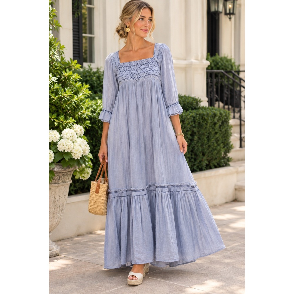Citrus by Milla Smocked Boho Maxi Dress romantic Prairie coastal cottagecore M